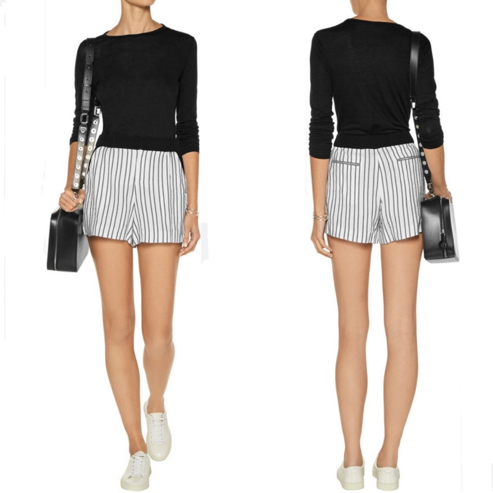 Maje Fer Crepe Trimmed Striped shorts black white stripes